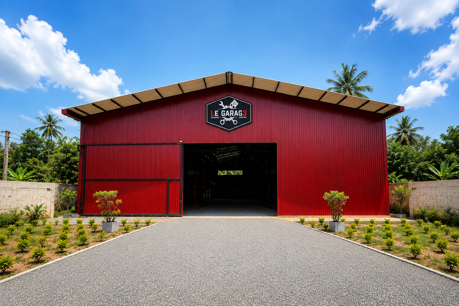 Le Garage exterior - red building with open doors