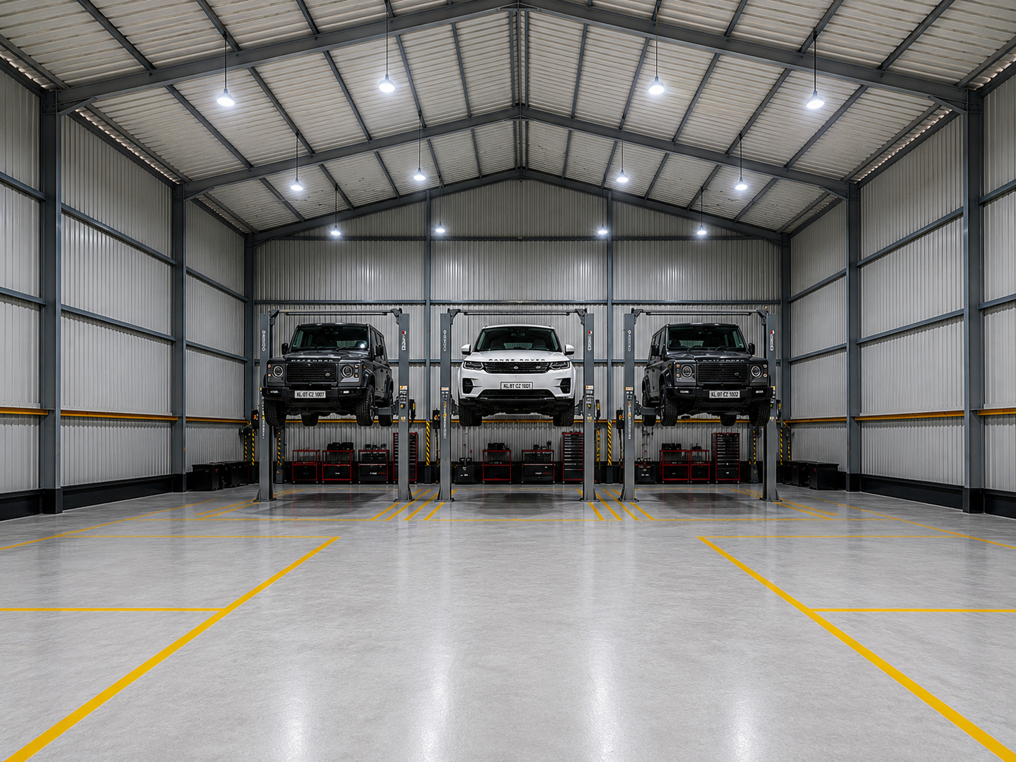 Three luxury vehicles on hydraulic lifts